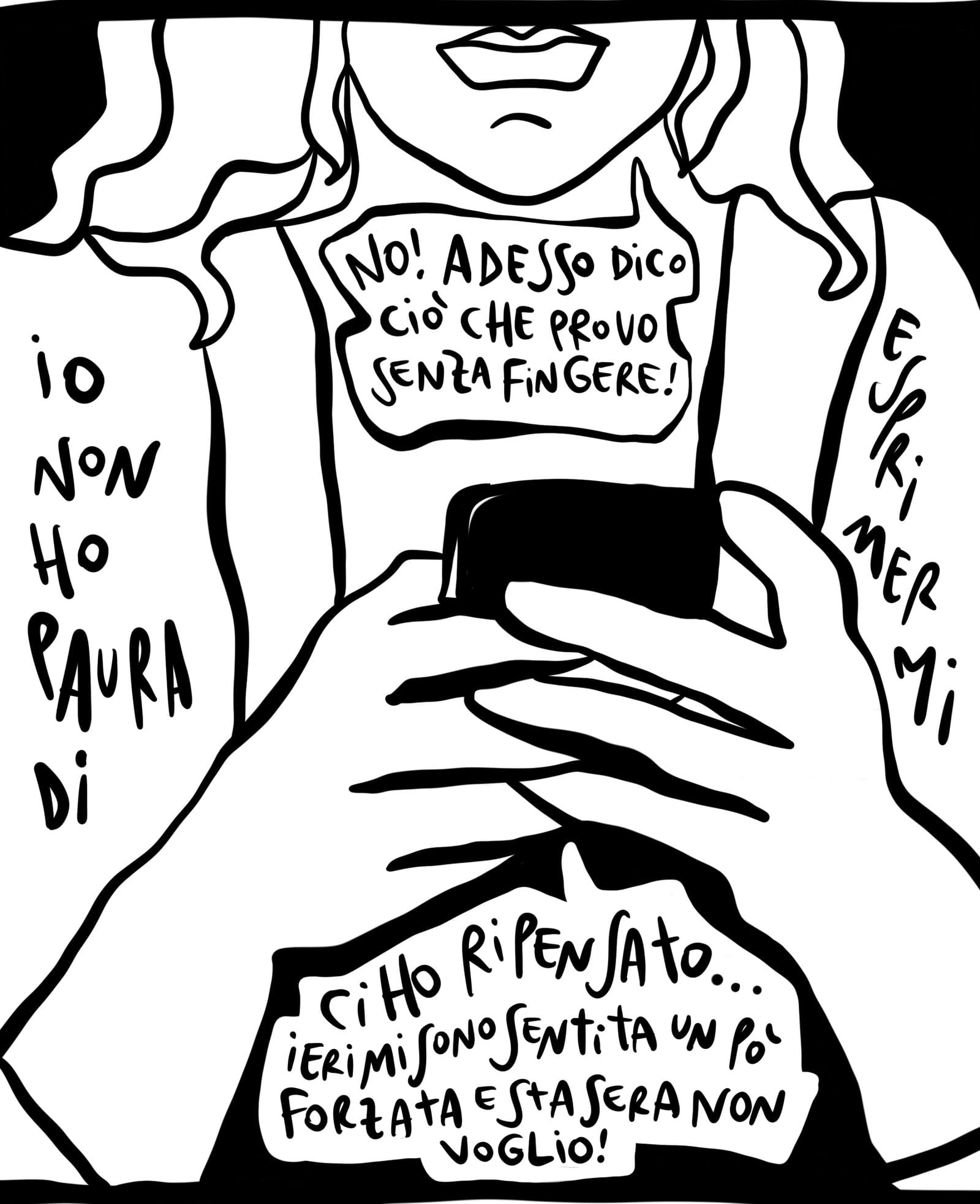 Una ragazza scrive al telefono. «Io non ho paura di esprimermi.» «No! Adesso dico ciò che provo senza fingere!» «Ci ho ripensato… ieri mi sono sentita un po' forzata e stasera non voglio!»